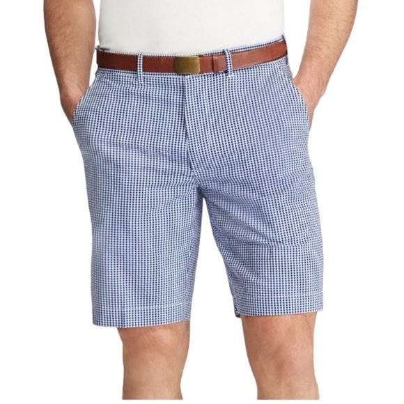 POLO GOLF Ralph Lauren Cotton Blue/White Gingham Flat Front Shorts Size 36 - Picture 1 of 11